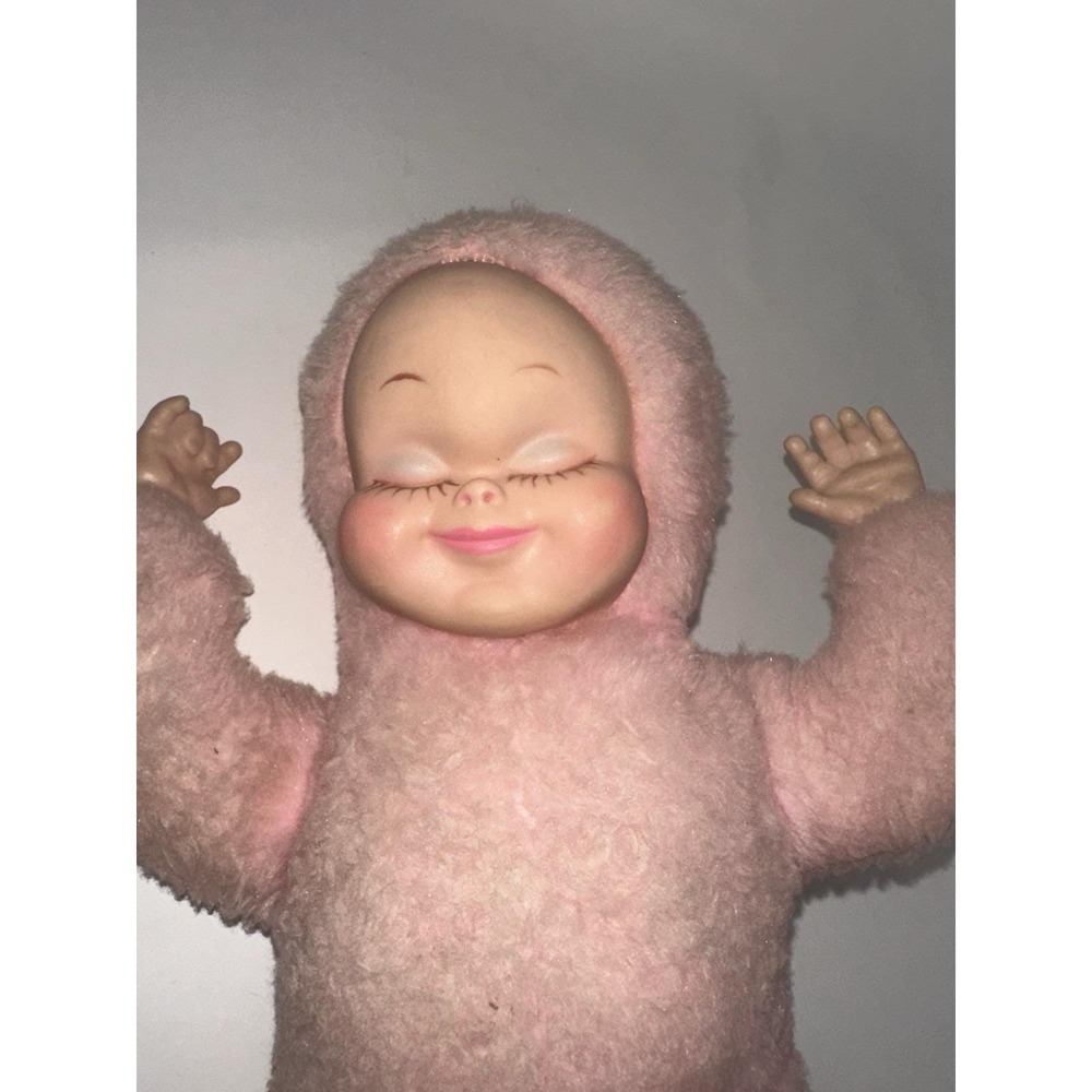 Vintage 1950s Rushton Rubber Face Baby Doll – Pink Plush Sleeper – Working Music